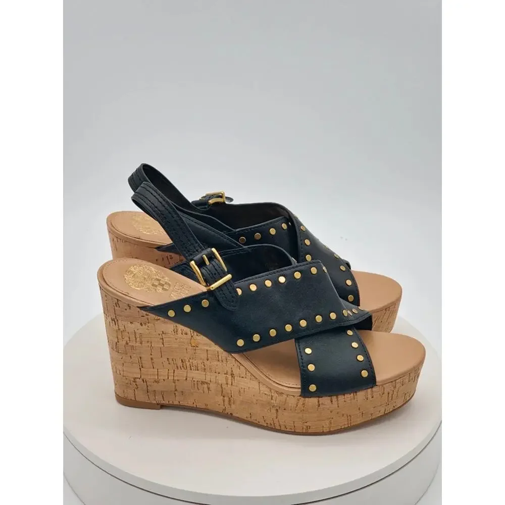 Vince Camuto Ellana Black Leather Studded Cork Wedge Sandals Women’s Size 9M New